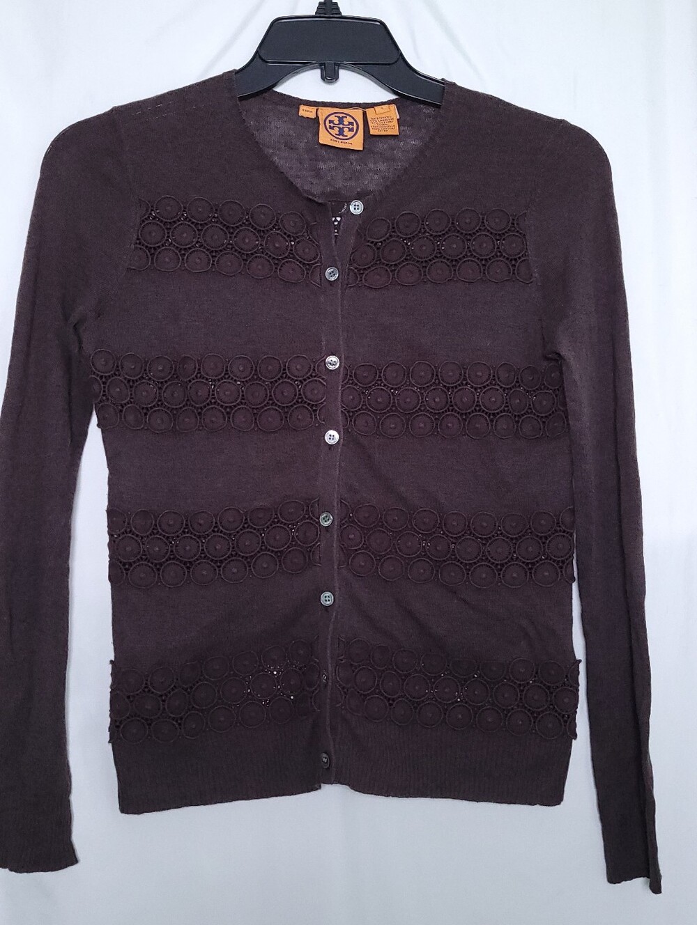 TORY BURCH Women's Brown Linen Blend Button Front Cardigan With Lace Detail SM.